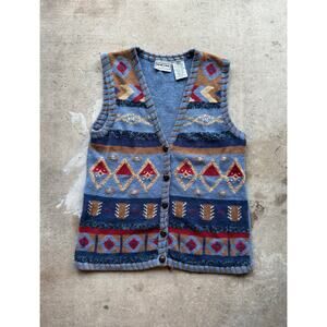 Vintage 80s/90s New Look Striped Knit Sweater Vest Wooden Buttons Size Small